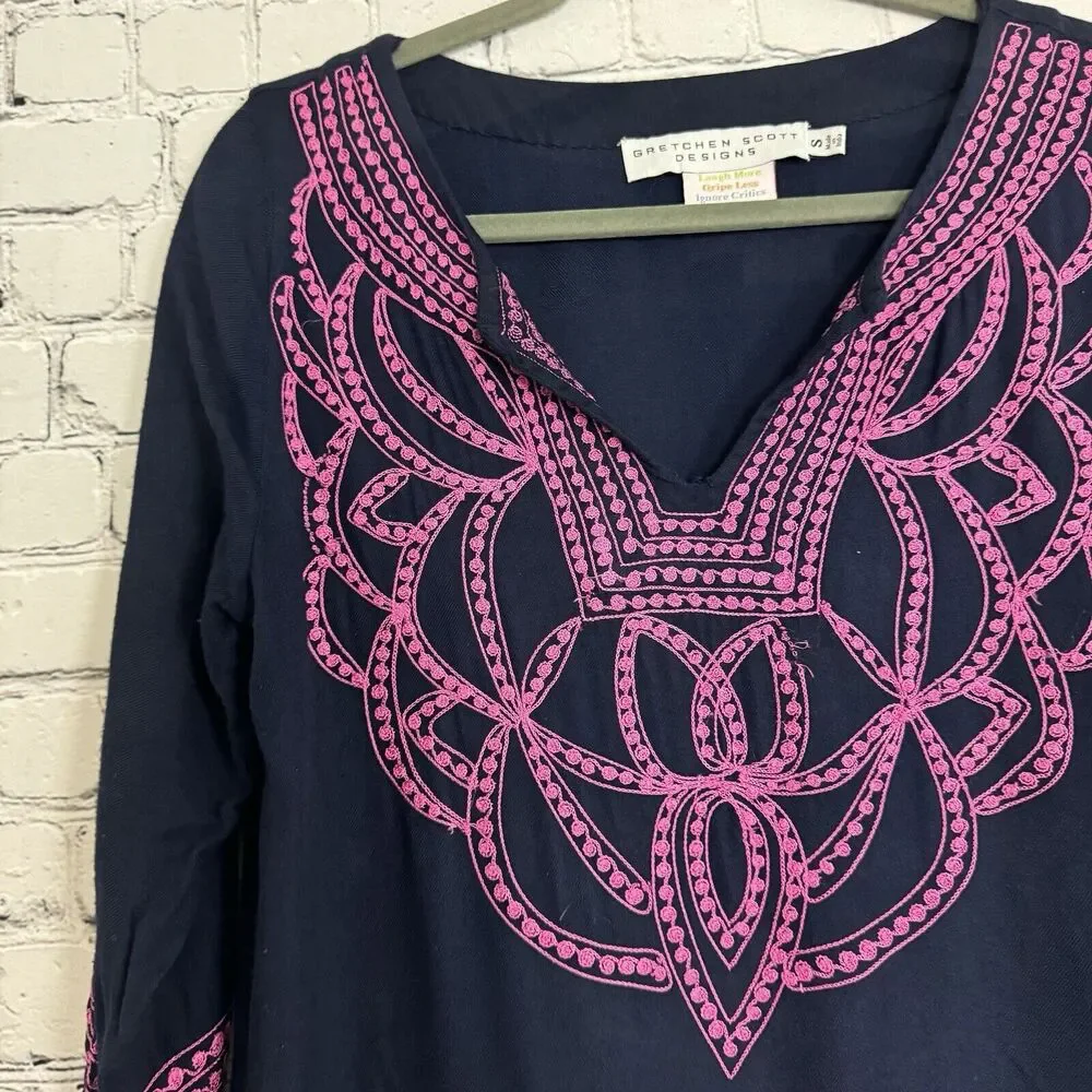Gretchen Scott Designs Embroidered Split Neck Tunic Dress Womens S in Navy Pink